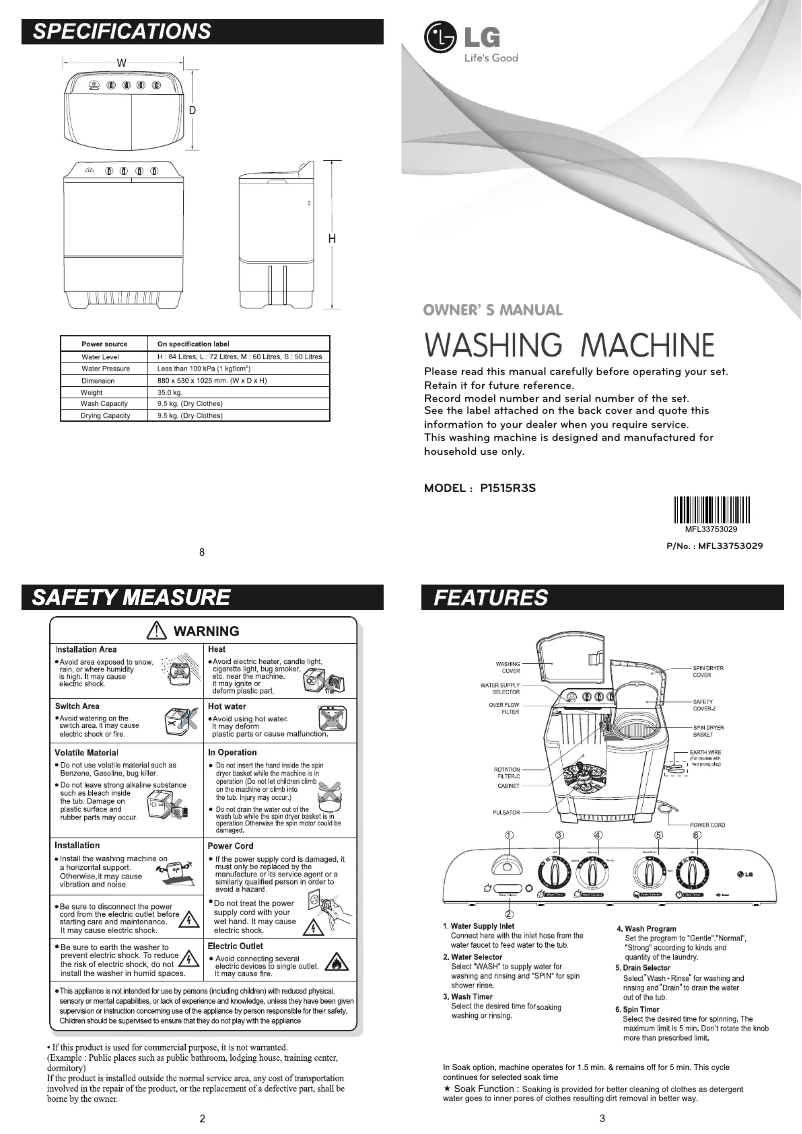 Page 1 de la notice Manuel utilisateur LG P1515R3S