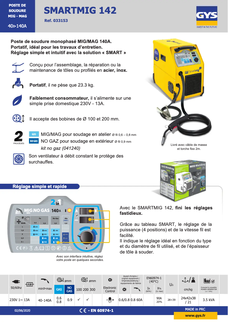Page 1 de la notice Fiche technique GYS Smartmig 142