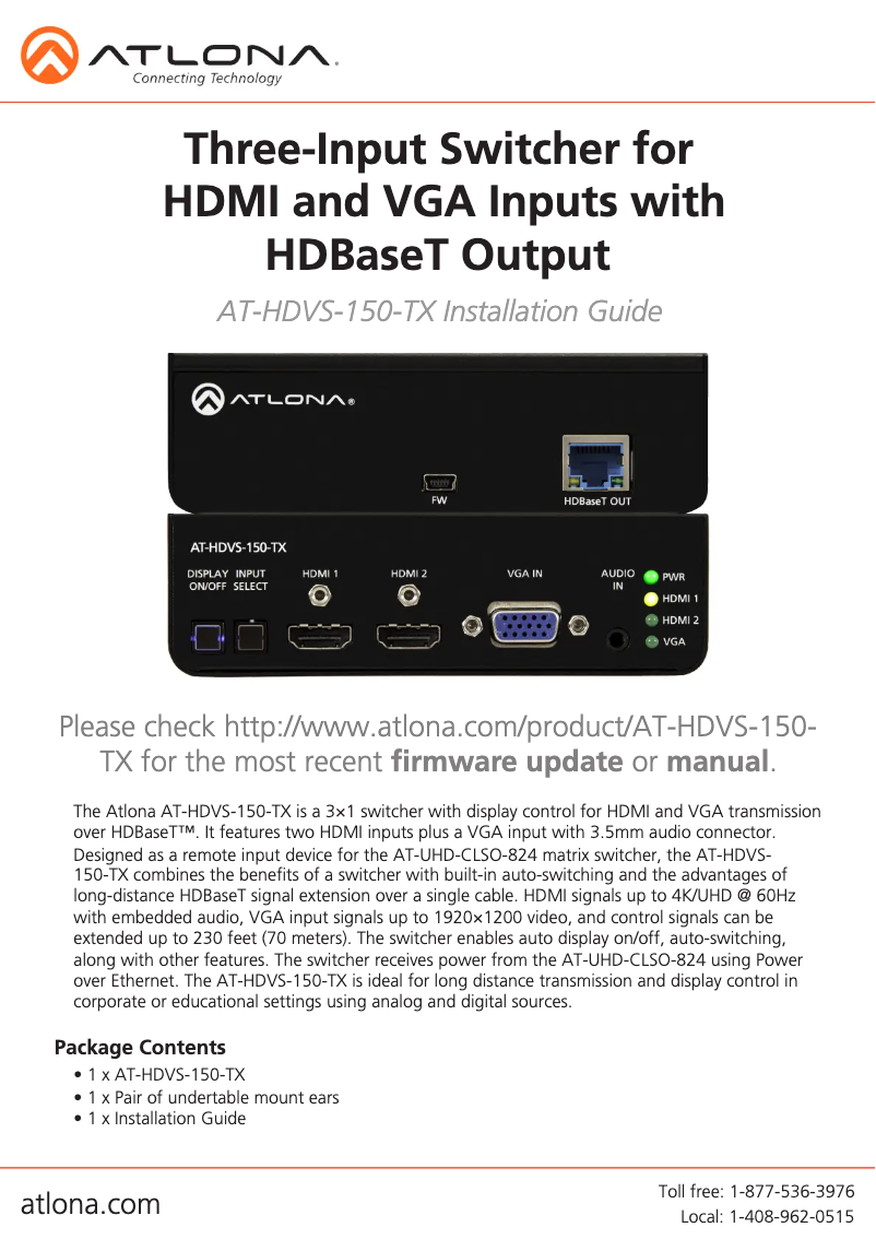 Page 1 de la notice Guide d'installation Atlona AT-HDVS-150-TX