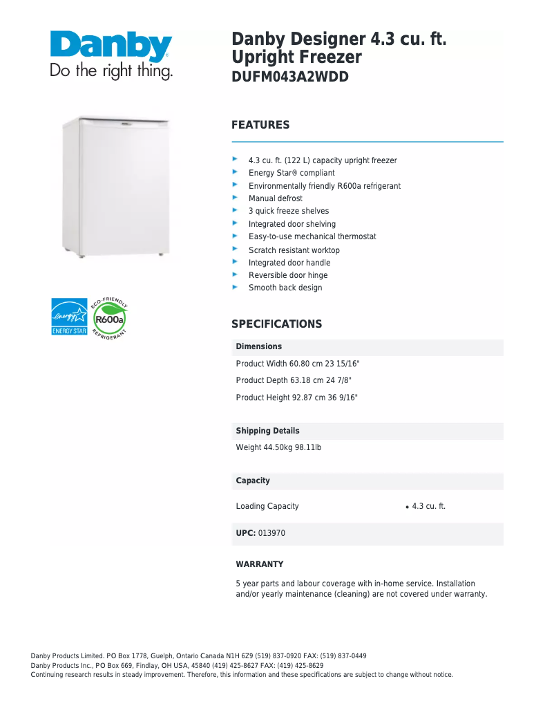 Page 1 de la notice Fiche technique Danby Designer DUFM043A2WDD