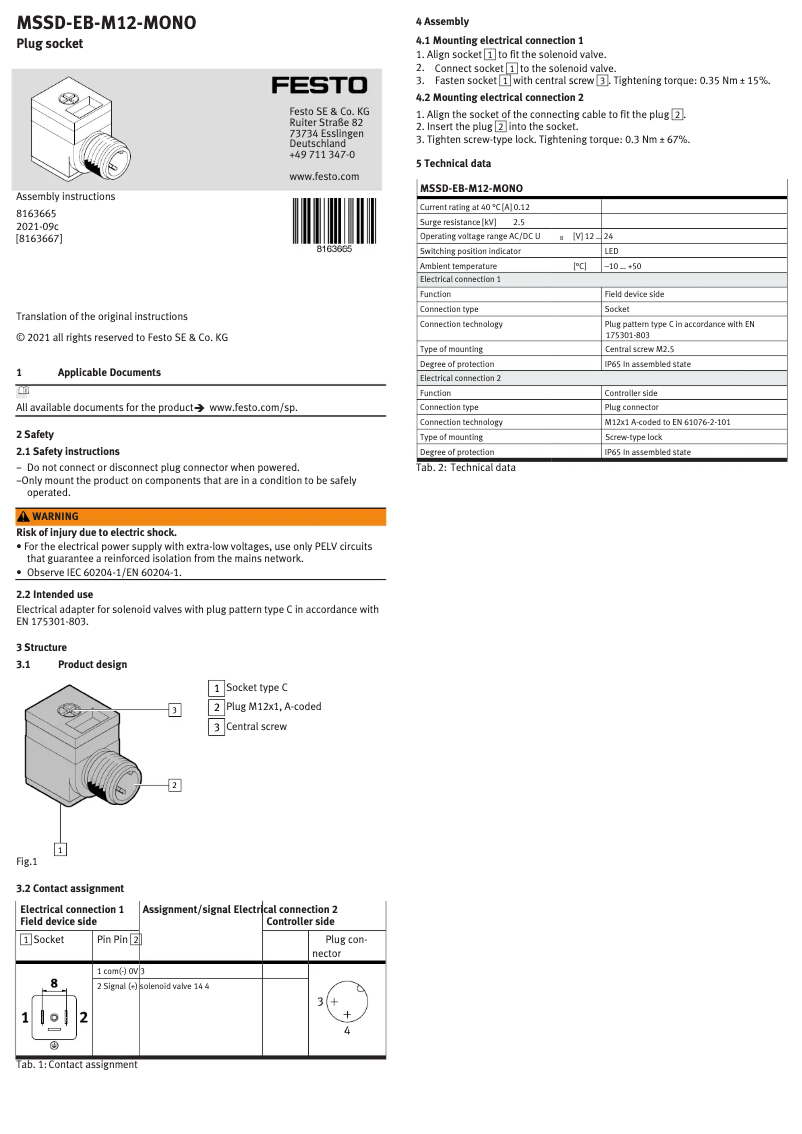 Page 1 de la notice Manuel utilisateur Festo MSSD-EB-M12-MONO