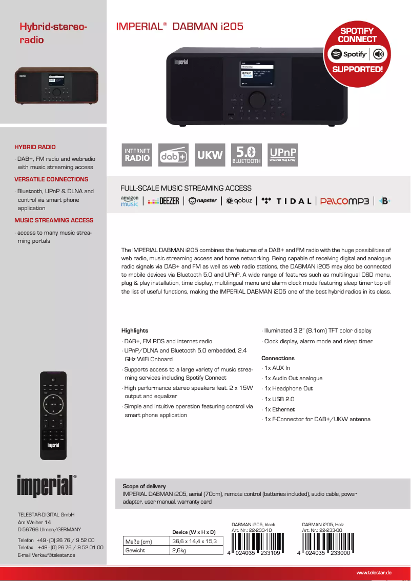 Page 1 de la notice Fiche technique Imperial DABMAN i205