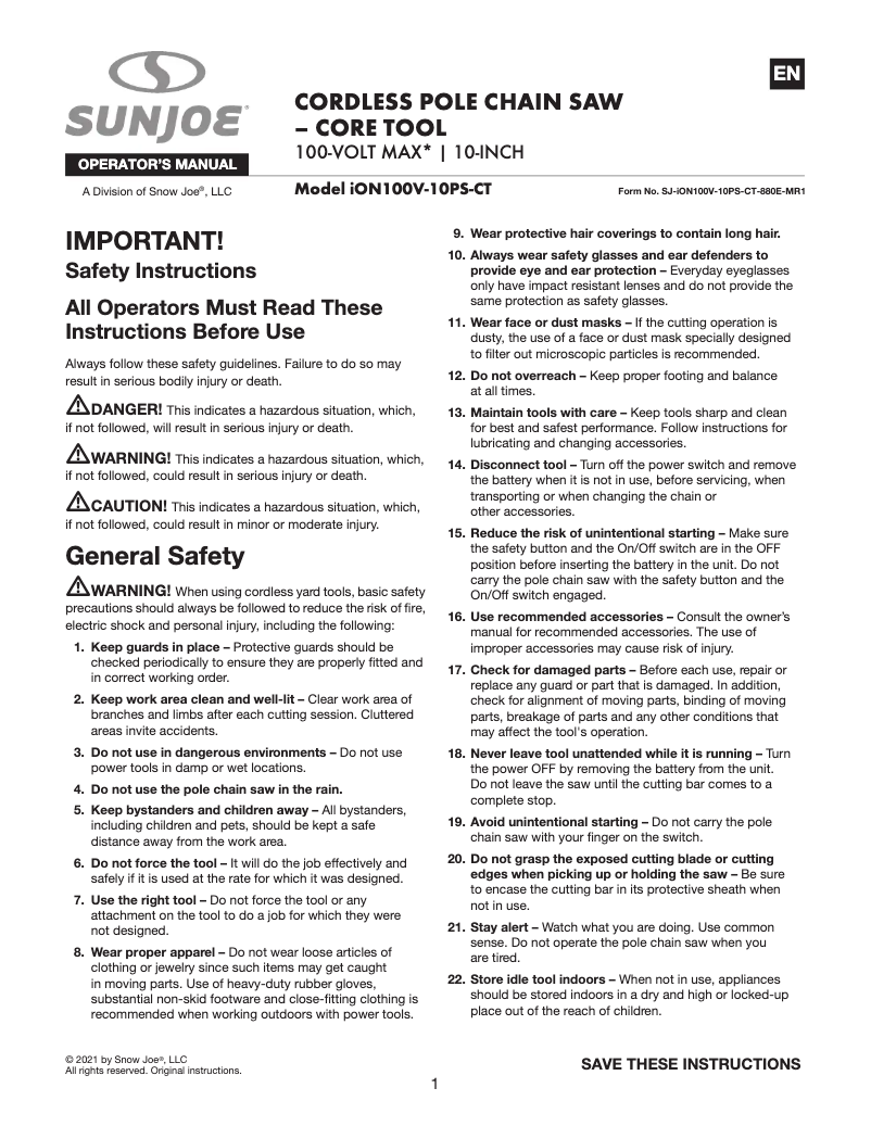 Page n°1 - Manuel utilisateur Sun Joe ION100V-10PS-CT