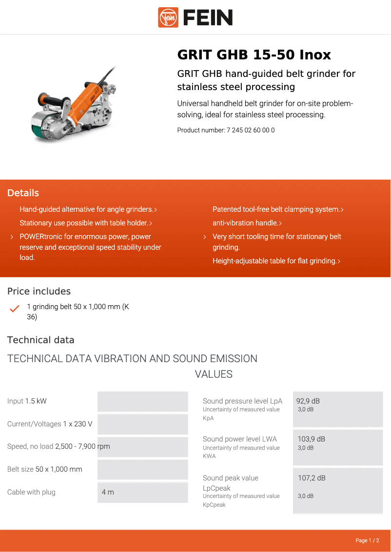 Página 1 del manual Ficha técnica Fein GRIT GHB 15-50 Inox