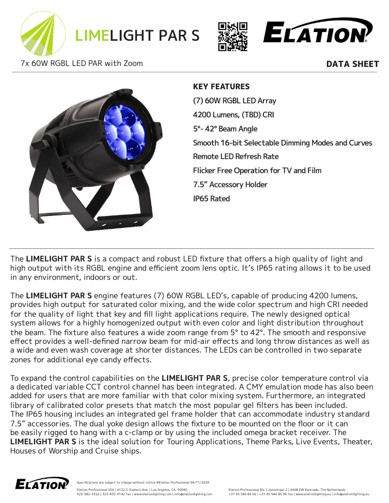 Page 1 de la notice Fiche technique Elation Limelight Par S