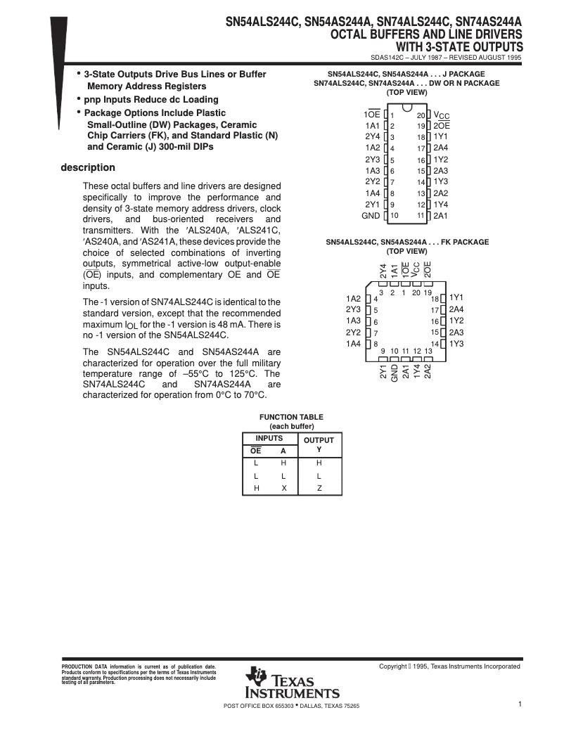 Page 1 de la notice Manuel utilisateur Texas Instruments SN74ALS244CN