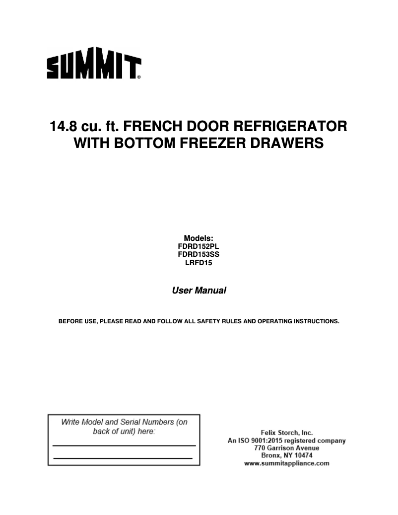 Page n°1 - Manuel d'utilisation et d'entretien Summit FDRD152PL