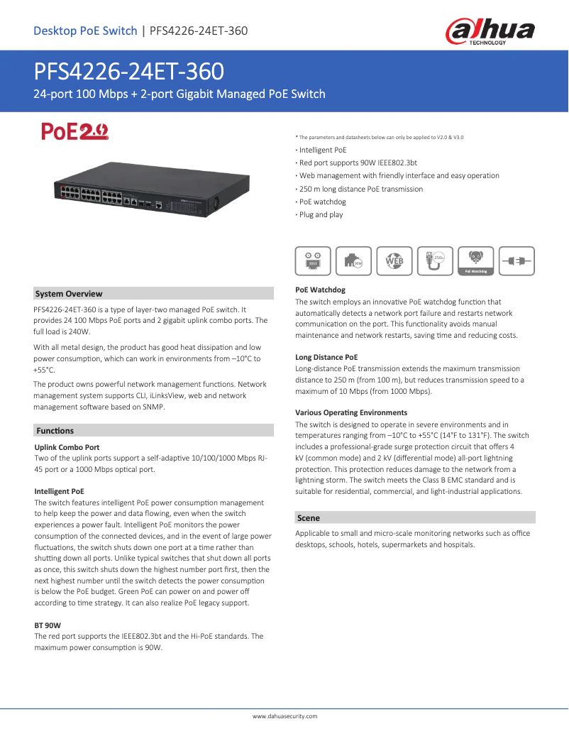 Page 1 de la notice Fiche technique Dahua Technology PFS4226-24ET-360