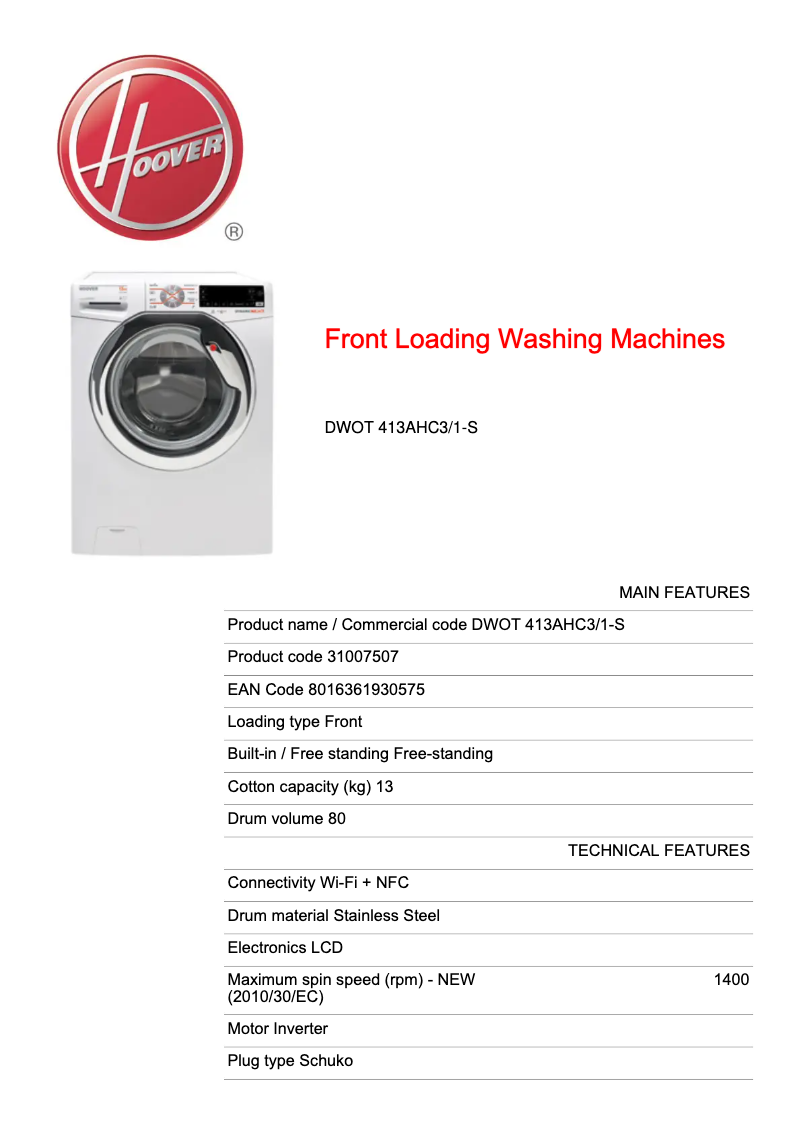 Page n°1 - Fiche technique Hoover DYNAMIC NEXT DWOT 413AHC3/1-S