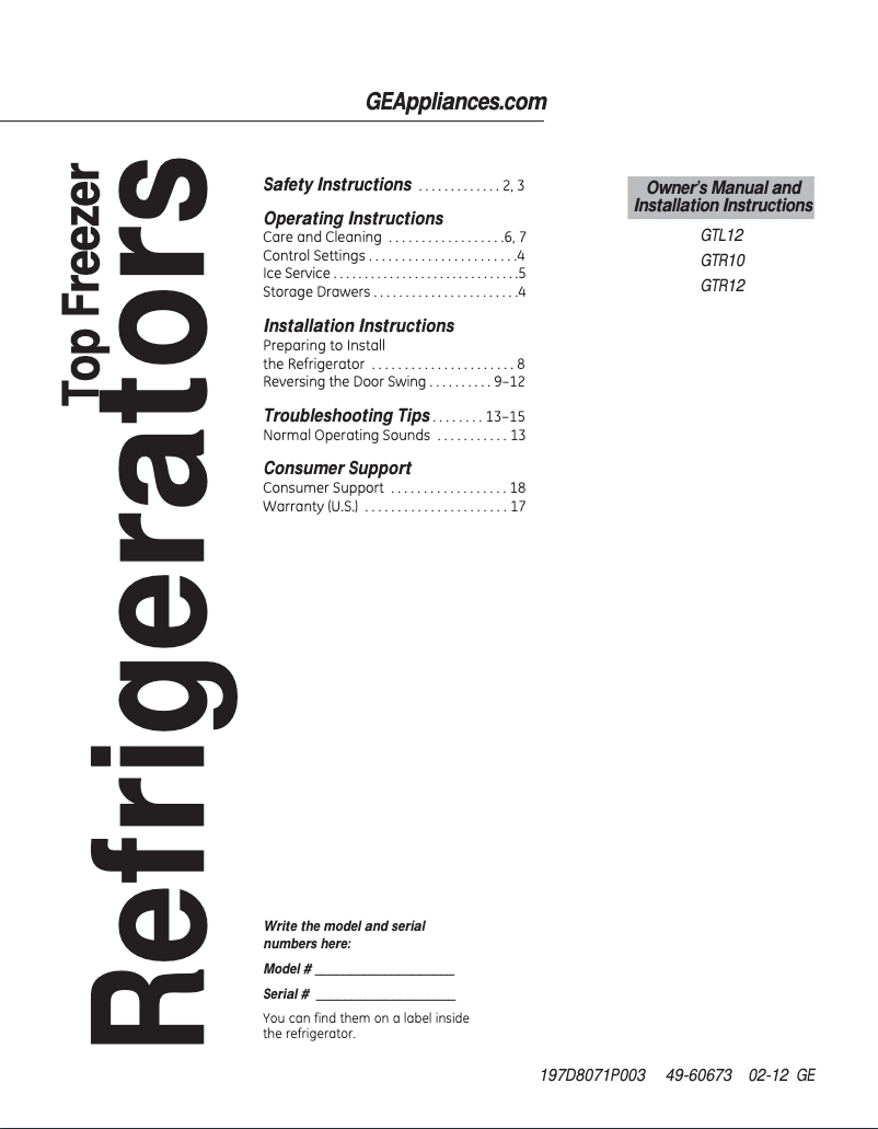 Page 1 de la notice Guide d'installation GE GTR12HBXRWW