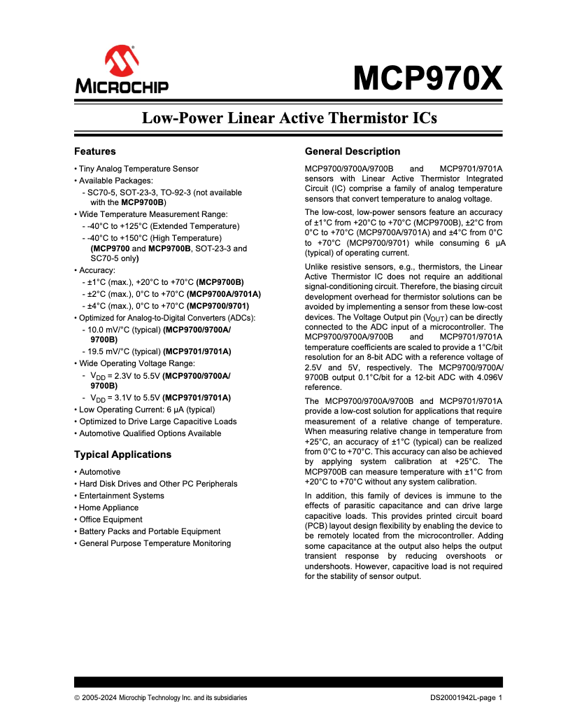 Page 1 de la notice Fiche technique Microchip MCP9701A