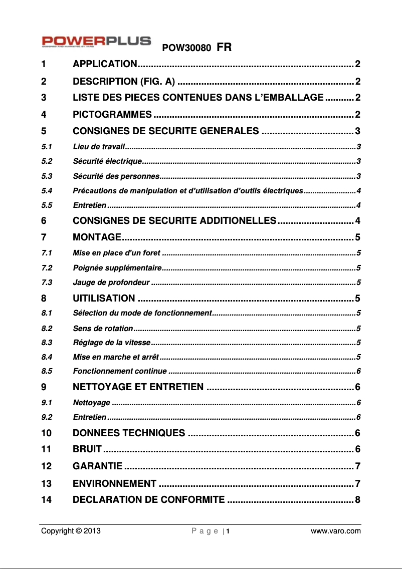 Page 1 de la notice Manuel utilisateur PowerPlus POW30080
