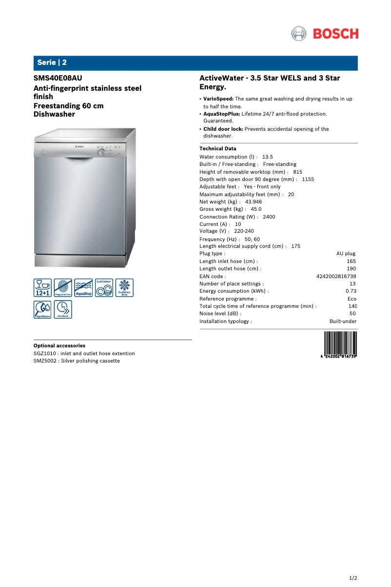 Page n°1 - Fiche technique Bosch SMS40E08AU