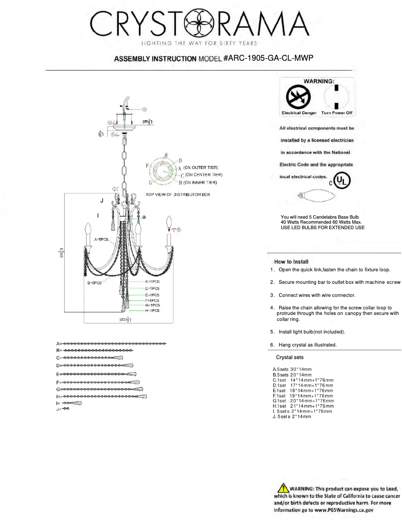 Page 1 de la notice Manuel utilisateur Crystorama Arcadia ARC-1905-GA-CL-MWP