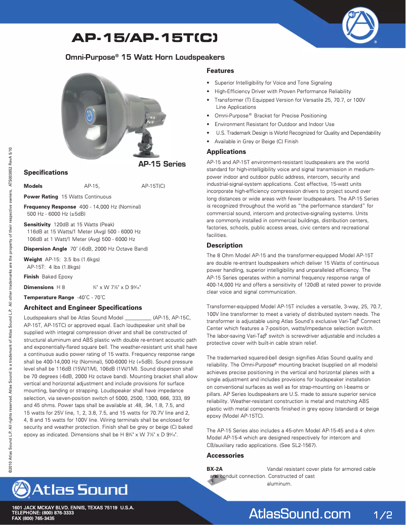 Page n°1 - Mode d'emploi Atlas Sound AP-15