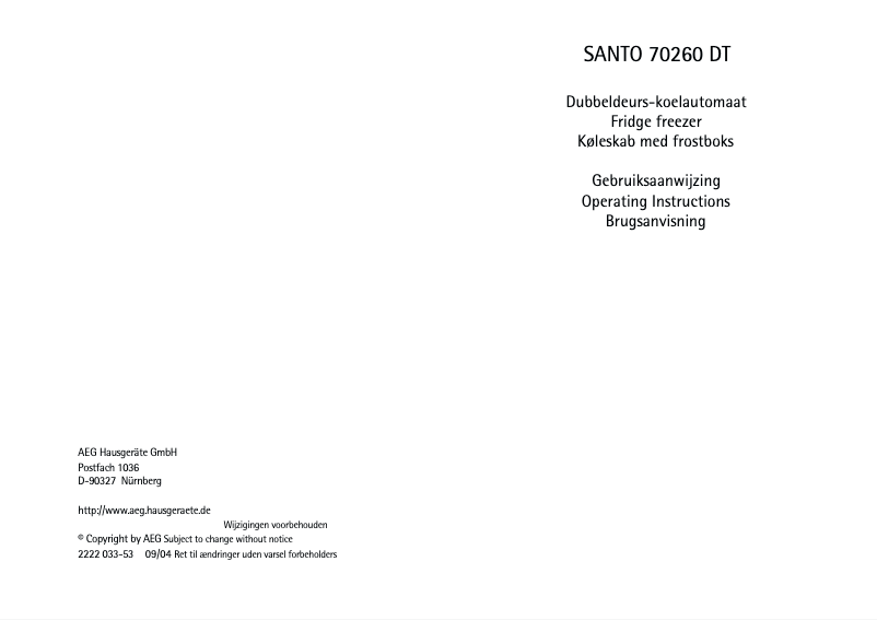 Page n°1 - Manuel utilisateur AEG Santo 70260 DT