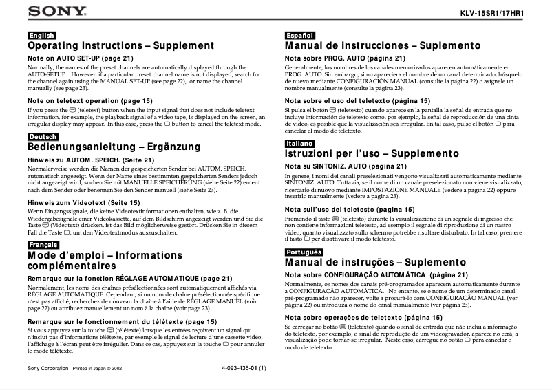 Image de la première page du manuel de l'appareil KLV-15SR1