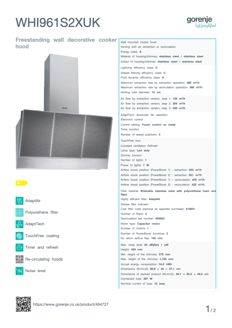Page n°1 - Fiche technique Gorenje WHI961S2XUK