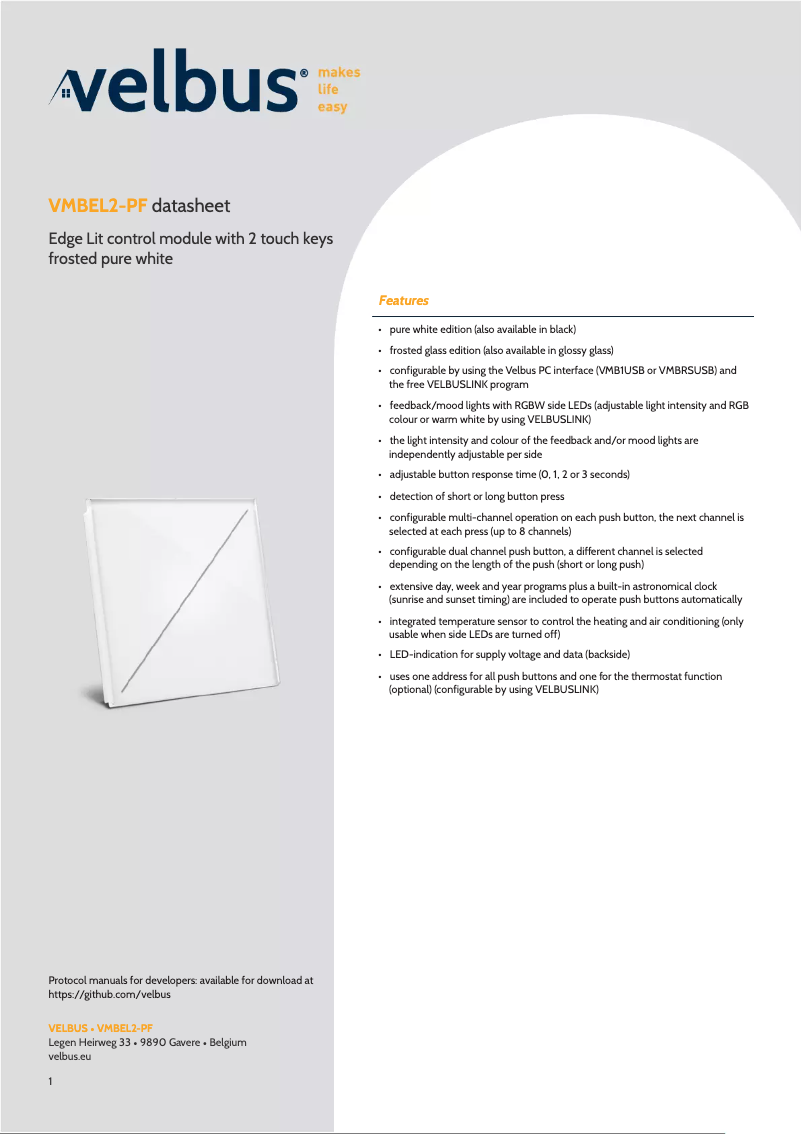 Page 1 de la notice Fiche technique Velbus VMBEL2