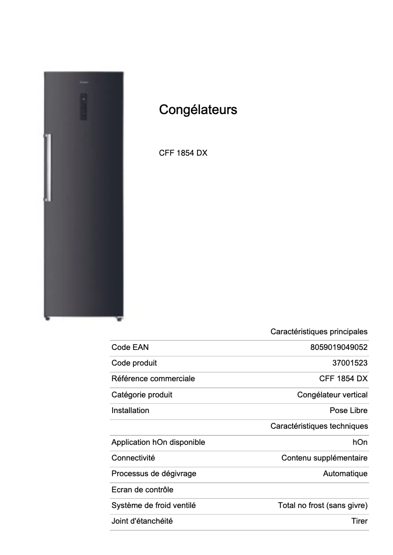 Page 1 de la notice Fiche technique Candy CFF 1854 DX