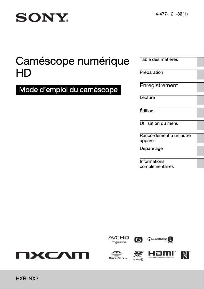 Image de la première page du manuel de l'appareil HXR-NX3