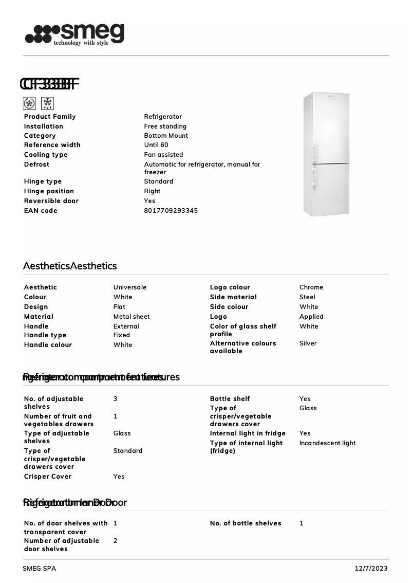 Page 1 de la notice Fiche technique Smeg CF33BF