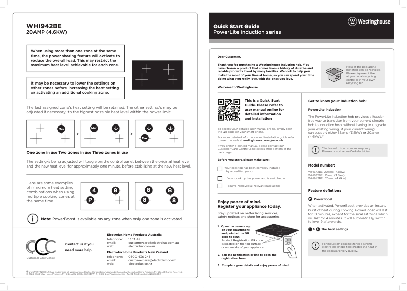 Page 1 de la notice Guide de démarrage rapide Westinghouse WHI642BE