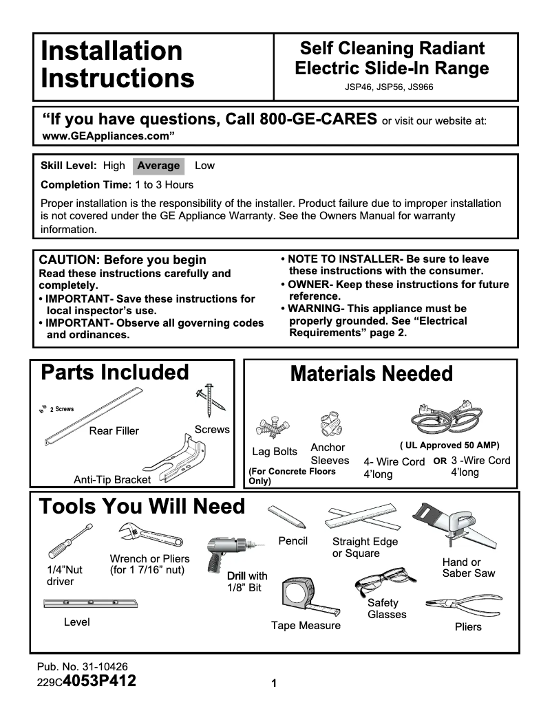Page n°1 - Guide d'installation GE Profile JSP46CDCC