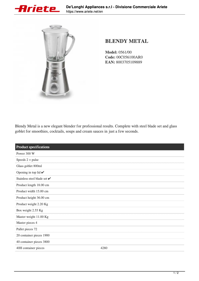Page 1 de la notice Fiche technique Ariete Blendy Metal 561