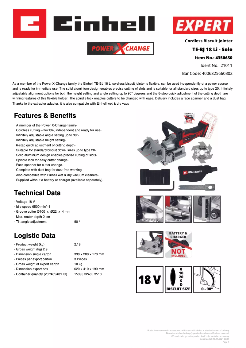 Page n°1 - Fiche technique Einhell TE-BJ 18 Li - Solo