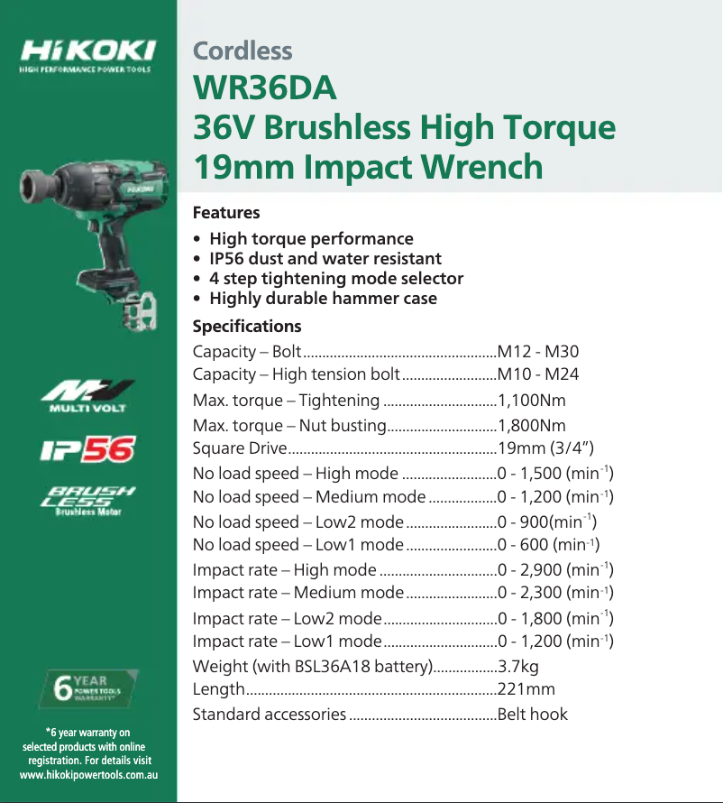 Page 1 de la notice Fiche technique HiKOKI WR36DA