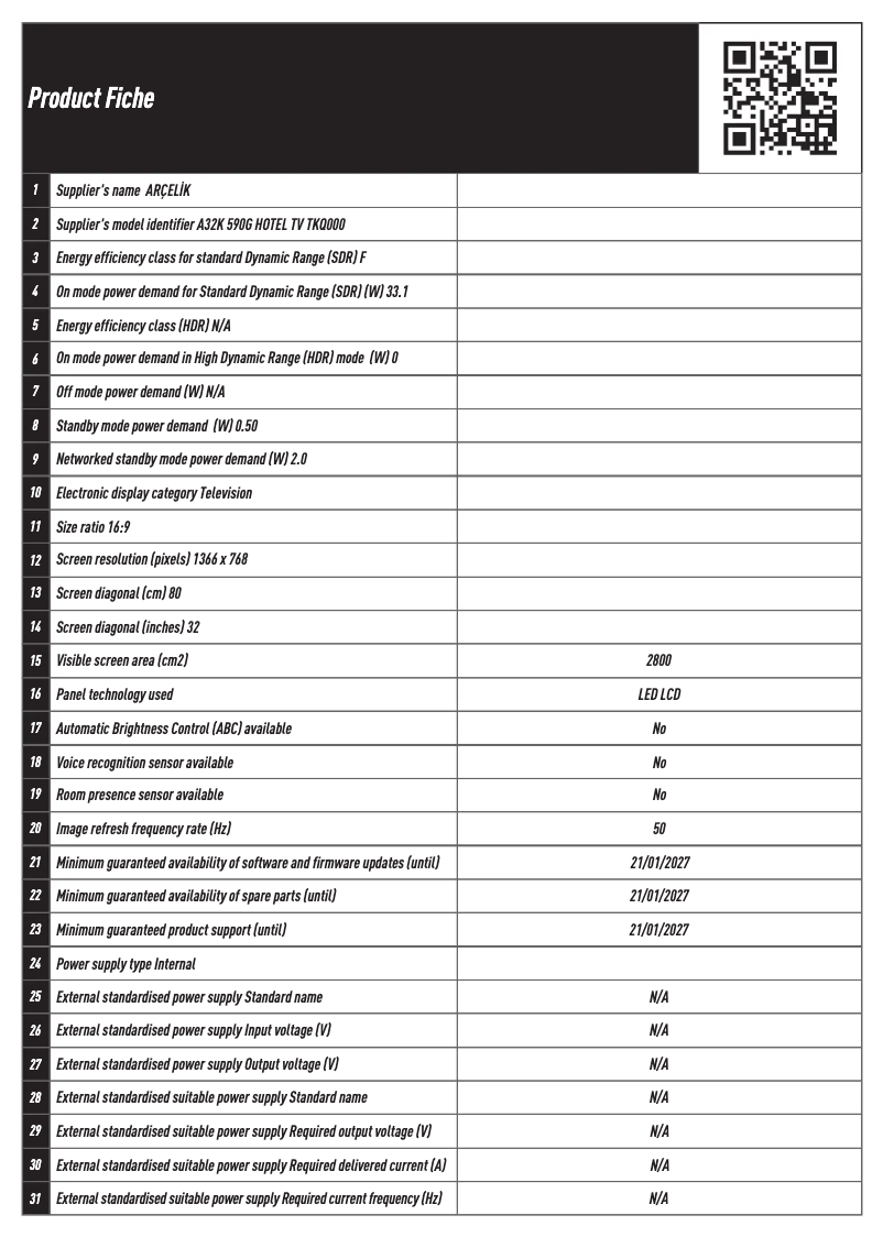 Page 1 de la notice Fiche technique Arçelik A32K 590G