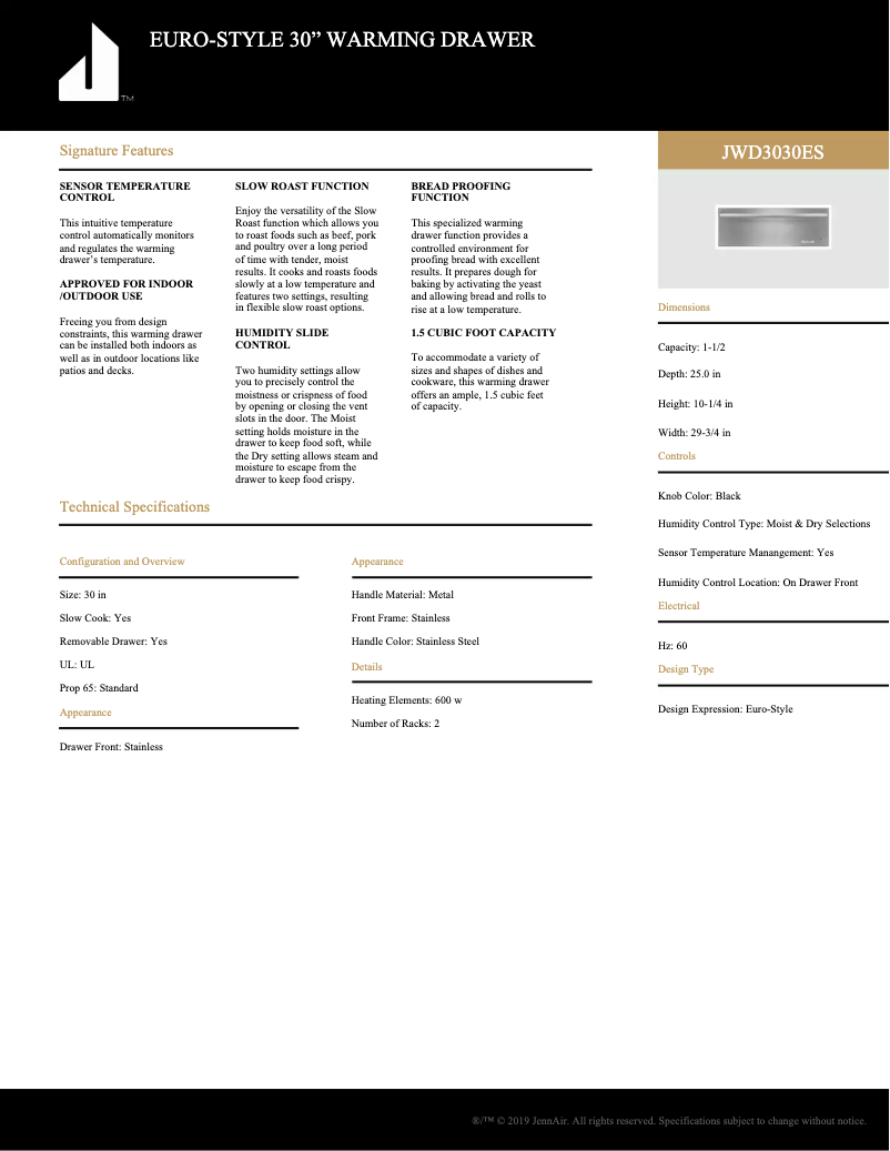 Page n°1 - Fiche technique JennAir JWD3030ES
