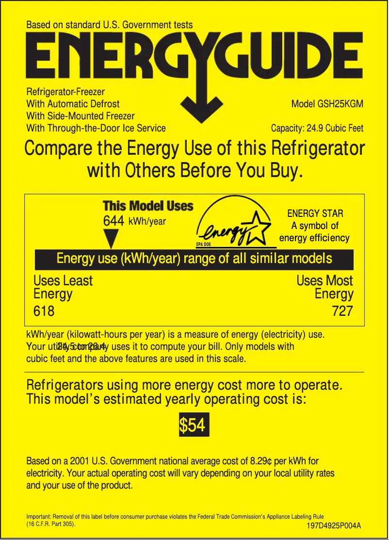 Page n°1 - Label énergétique GE GSH25KGMBB