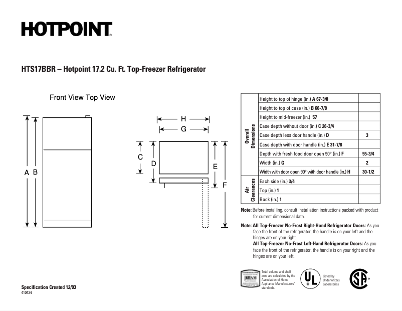Page n°1 - Fiche technique Hotpoint HTS17BBRRCC