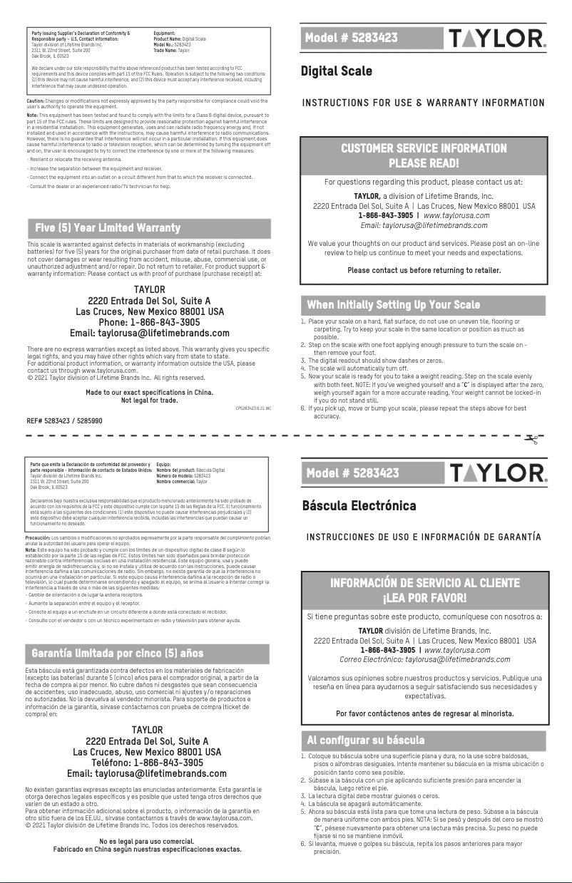 Page 1 de la notice Manuel utilisateur Taylor 5283423