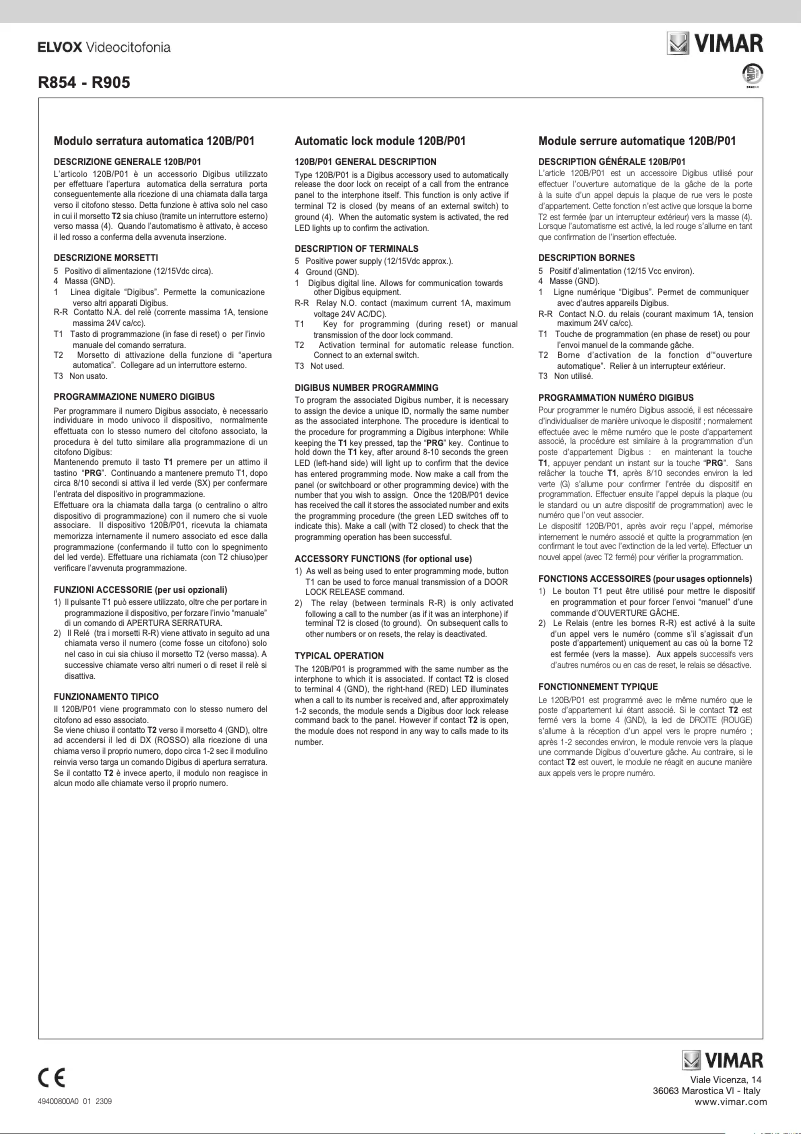 Page 1 de la notice Instructions / montage Vimar ELVOX R905