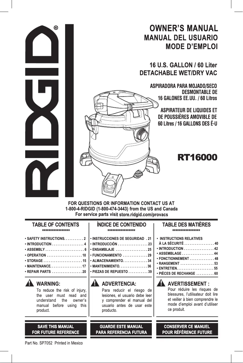 Page 1 de la notice Manuel utilisateur Ridgid RT1600