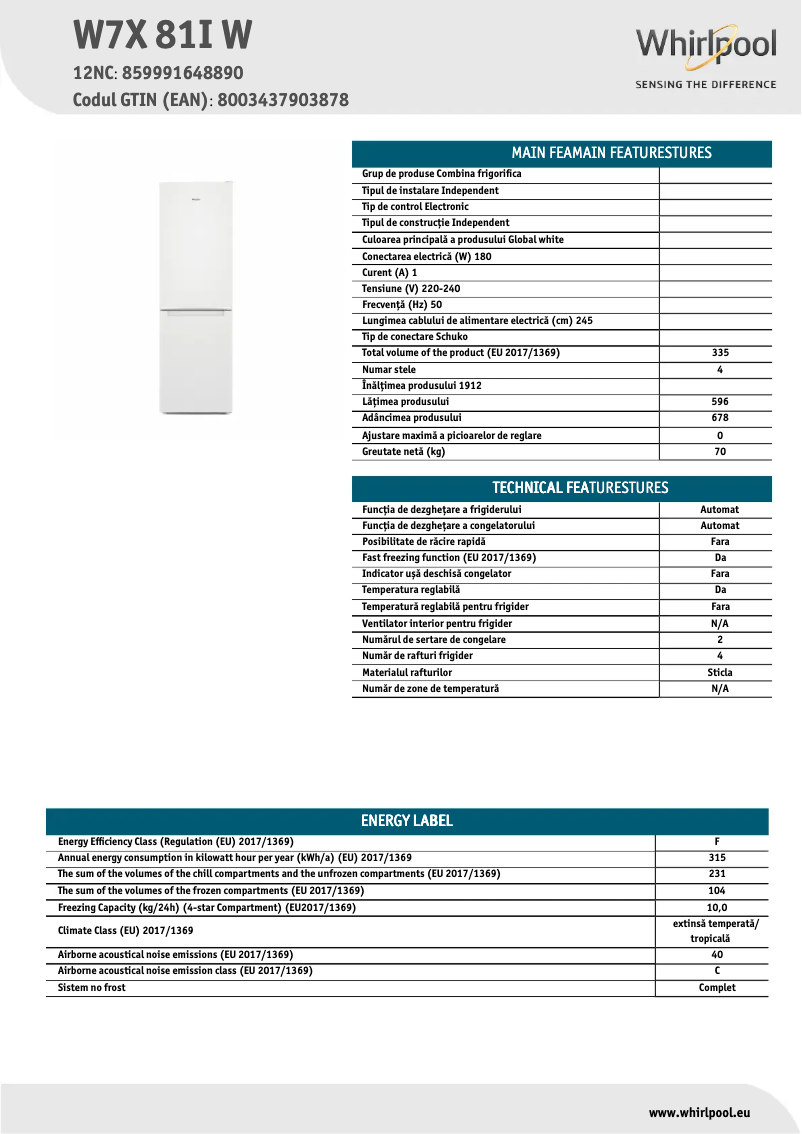Page 1 de la notice Fiche technique Whirlpool W7X 81I W