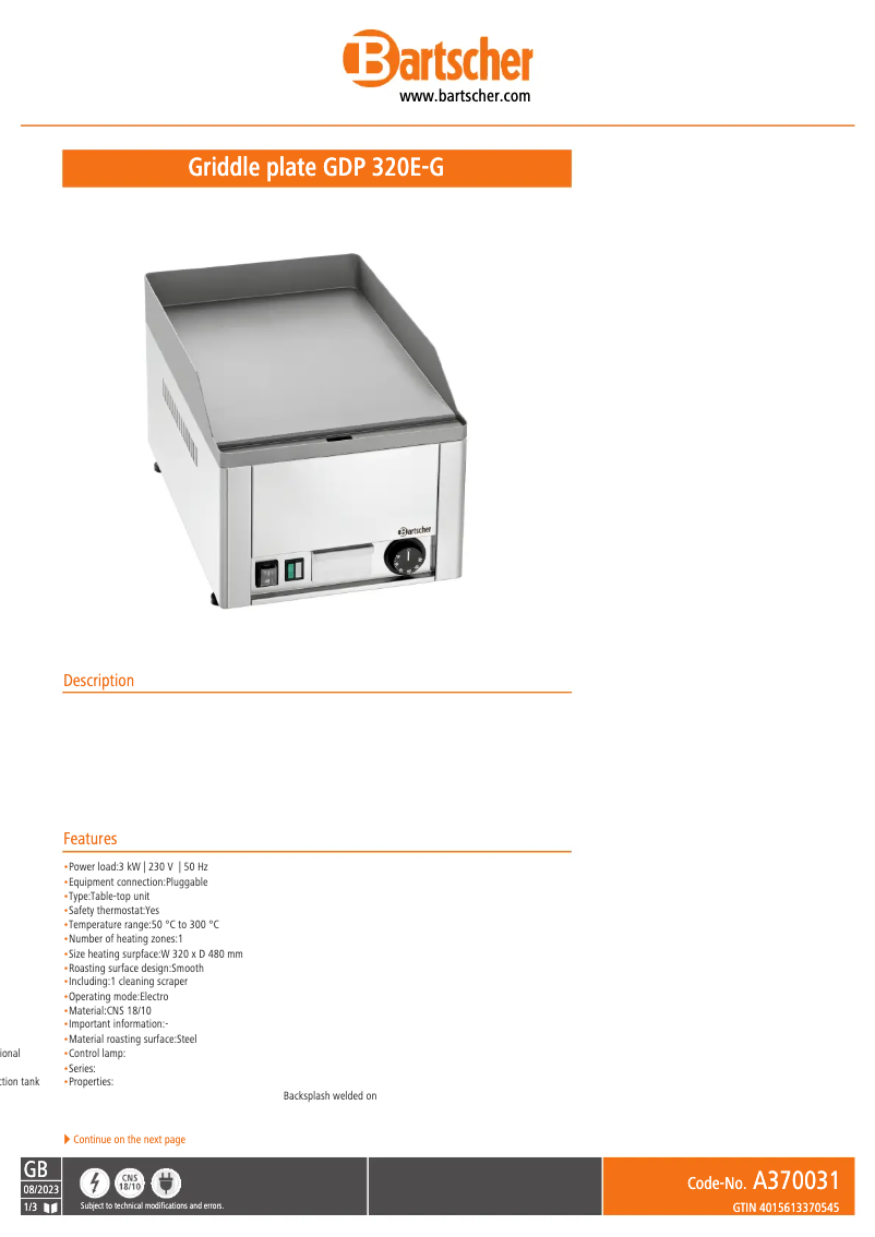 Page 1 de la notice Fiche technique Bartscher GDP 320E-G