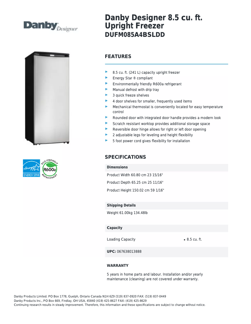 Page n°1 - Fiche technique Danby Designer DUFM085A4BSLDD