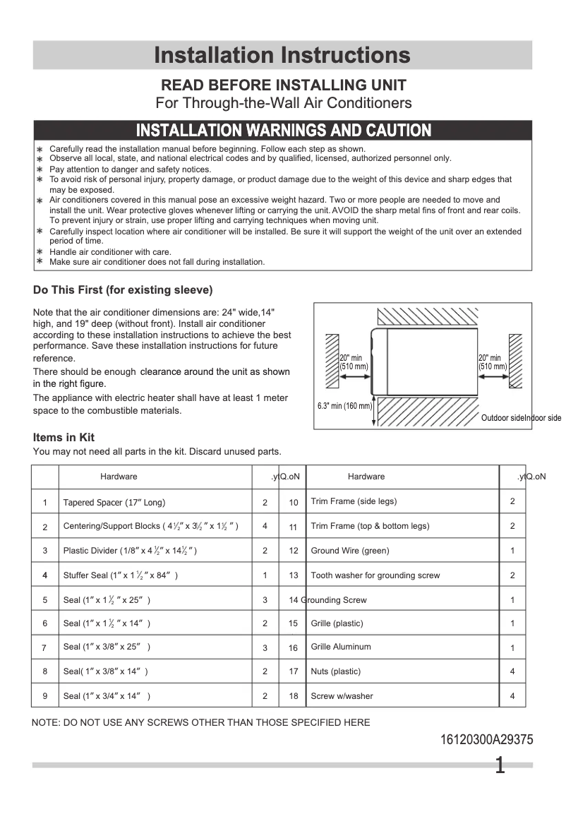 Page n°1 - Guide d'installation Frigidaire FHTE143WA2