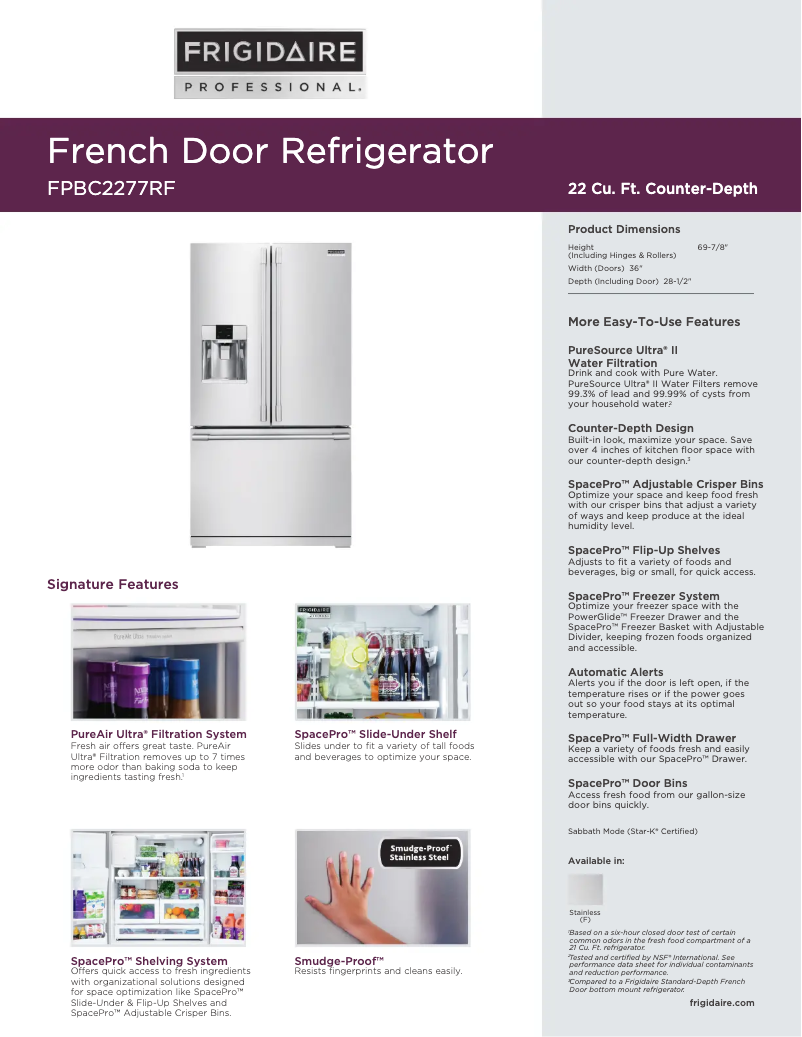 Page n°1 - Fiche technique Frigidaire FPBC2277R