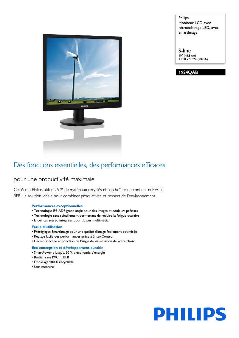 Page 1 of the manual Technical Sheet Philips 19S4QAB