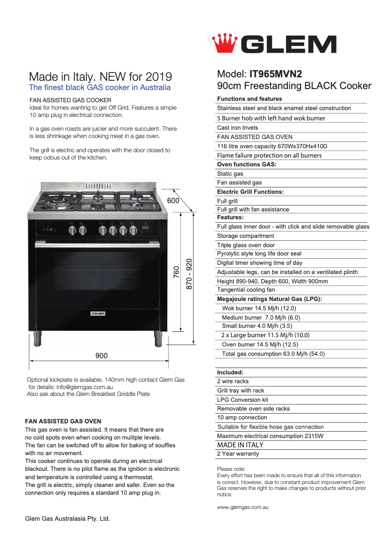 Page n°1 - Fiche technique Glem Gas IT965MVN2