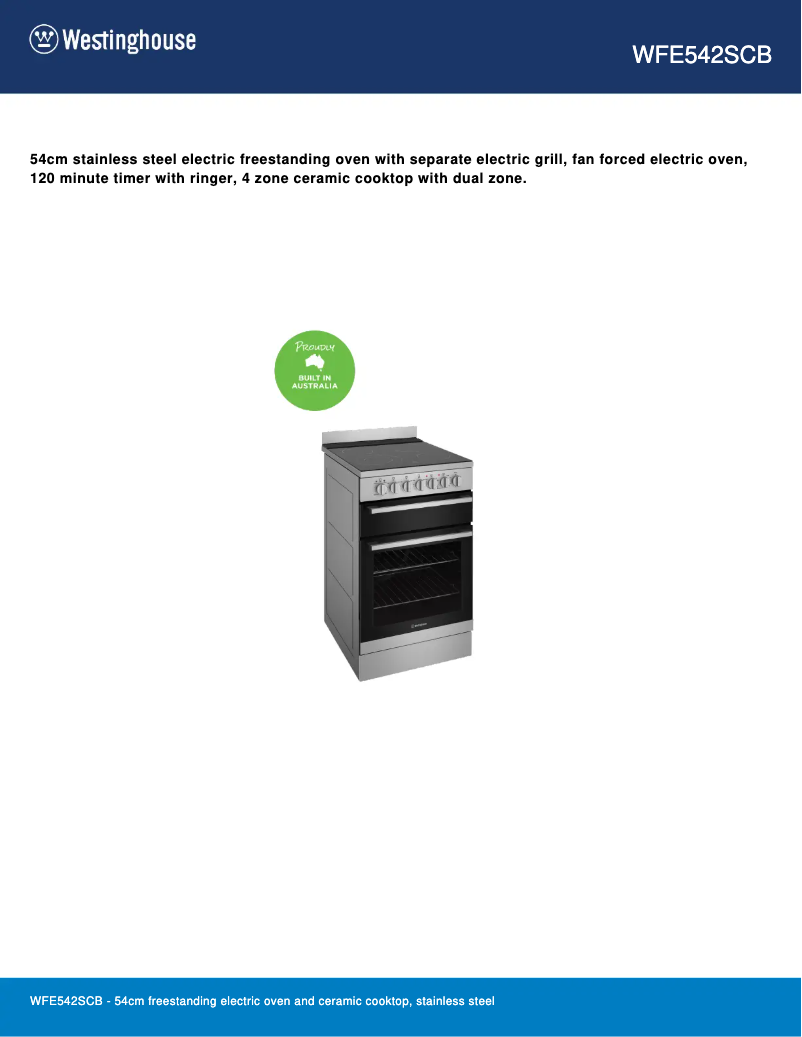 Page 1 de la notice Fiche technique Westinghouse WFE542SCB