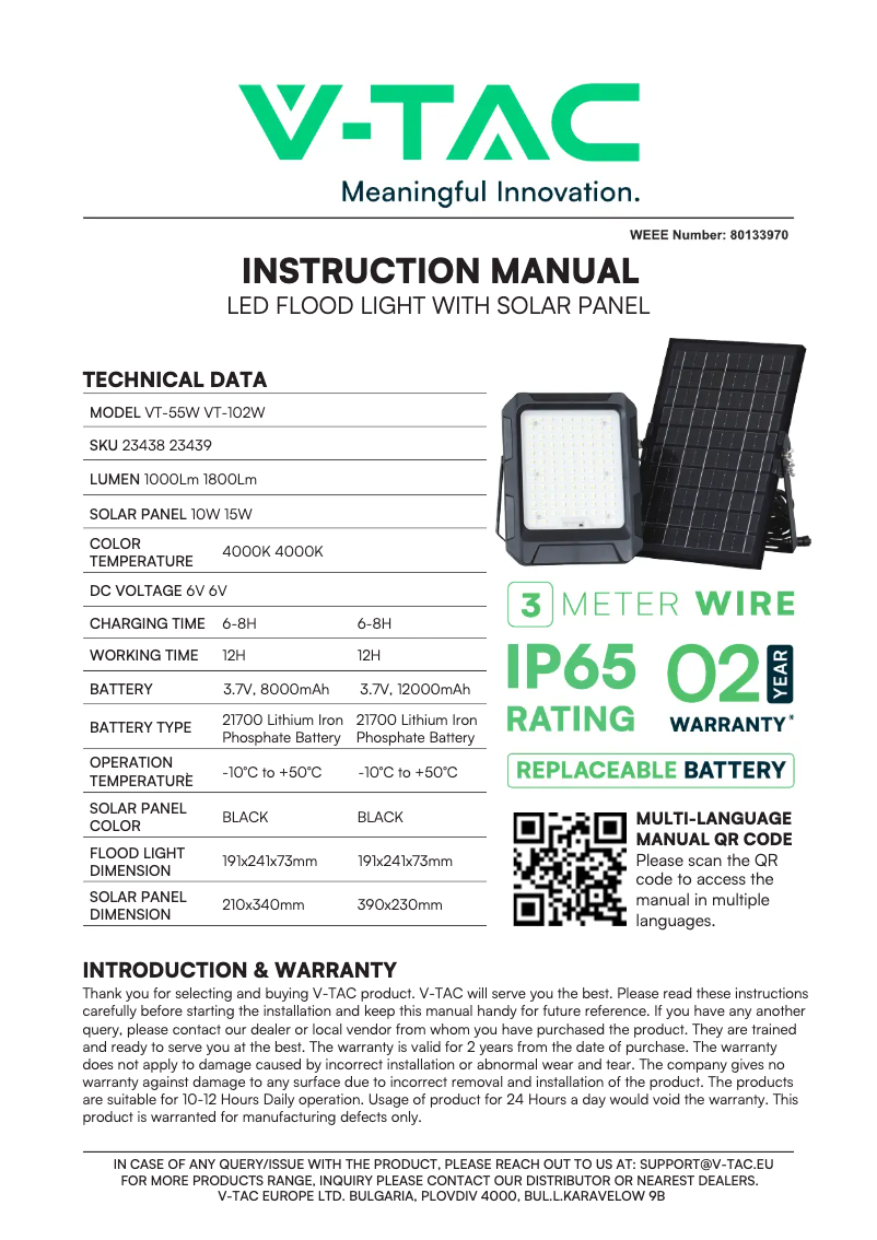 Page 1 de la notice Manuel utilisateur V-TAC VT-102W