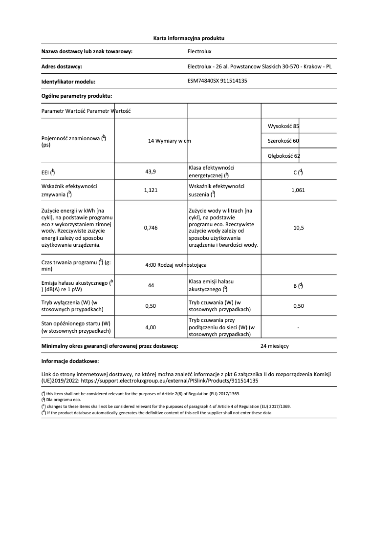 Page 1 de la notice Fiche technique Electrolux ESM74840SX
