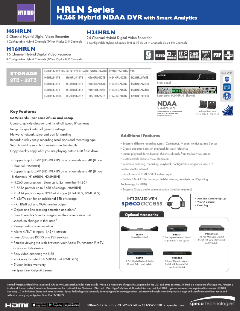 Page 1 de la notice Fiche technique Speco Technologies H24HRLN