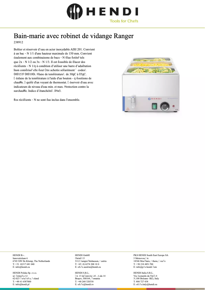 Page 1 de la notice Fiche technique Hendi 238912